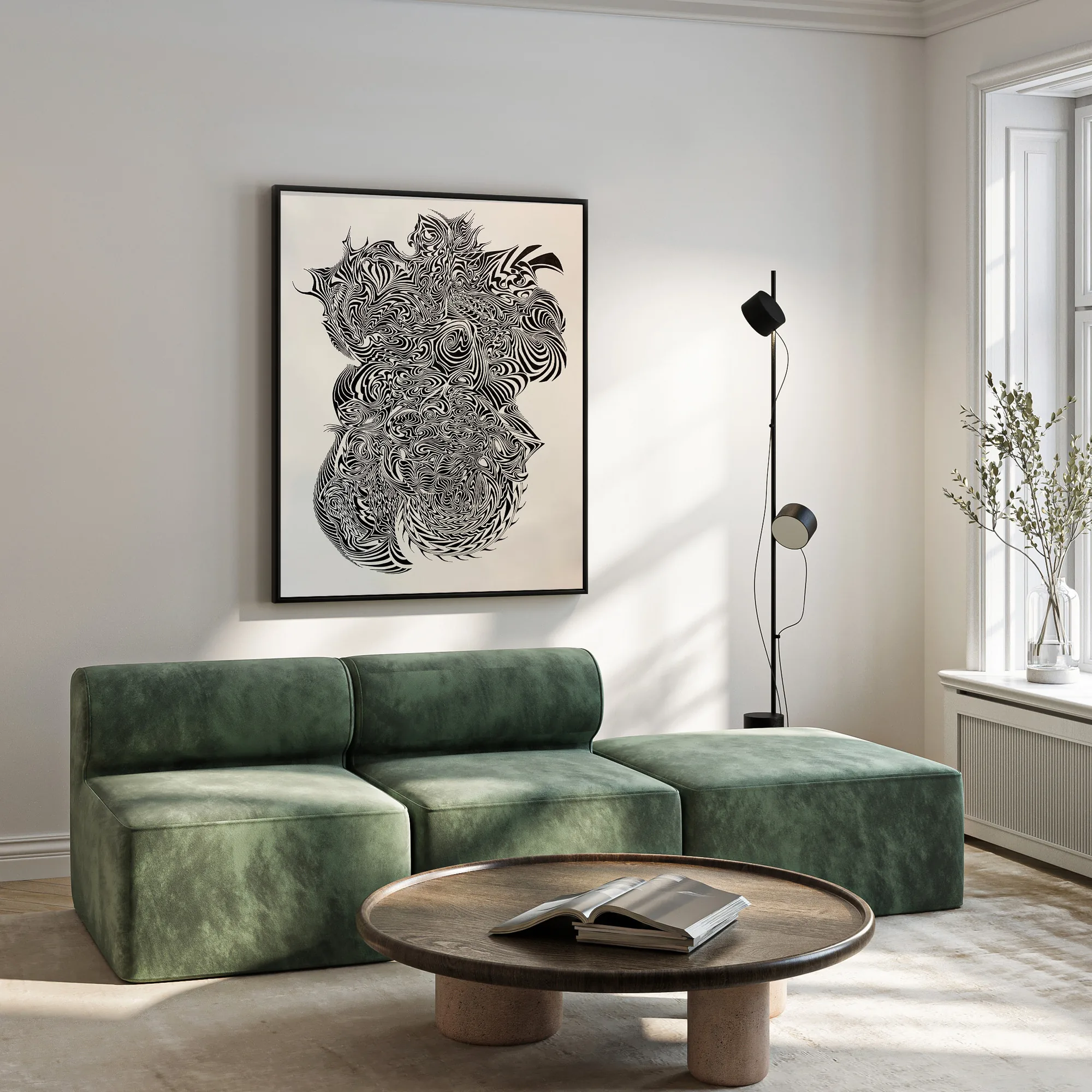 Black and white drawing by Gage Kelsey shown in a living space